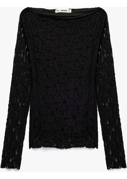 Slim Fit Uzun Kollu Kayık Yaka Dantel Tişört modelleri