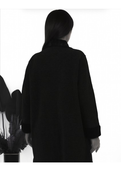 Kadın Büyük Beden Kol ve Yaka Kürk Detaylı Triko Uzun Ceket fiyatları