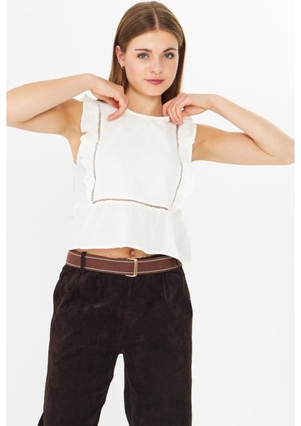 Fırfırlı Top Kolsuz Triko Beyaz