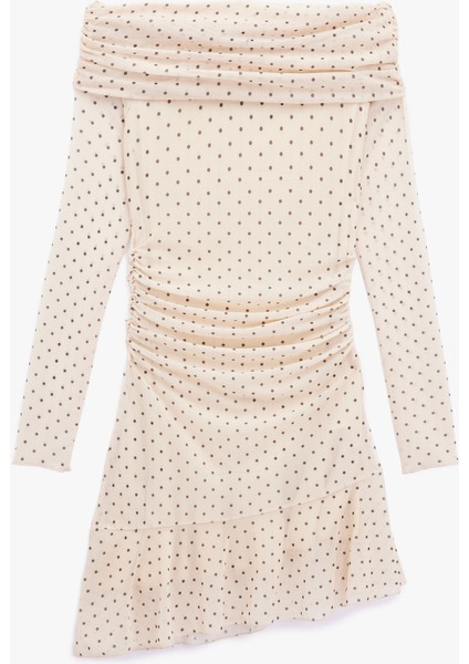 Uzun Kollu Kayık Yaka Slim Fit Asimetrik Kesim Drapeli Puantiyeli Mini Elbise modelleri