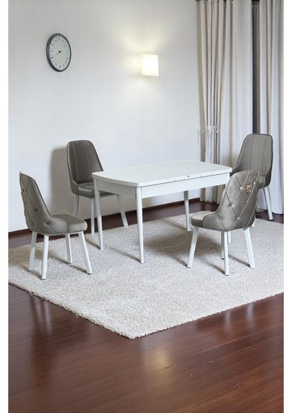 Noır Serisi 4 Kişilik Beyaz Açılır Mdf Masa Beyaz Metal Ayaklı & Baby Face Kumaşlı Sandalye Takımı