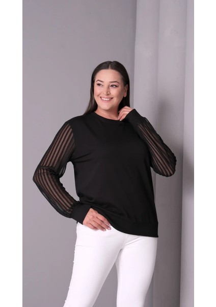 Kadın Büyük Beden Şerit Detaylı Transparan Kollu Viskon Sweatshirt