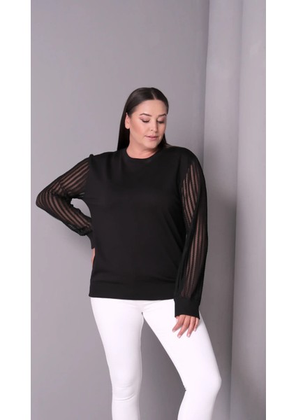 Kadın Büyük Beden Şerit Detaylı Transparan Kollu Viskon Sweatshirt fiyatları