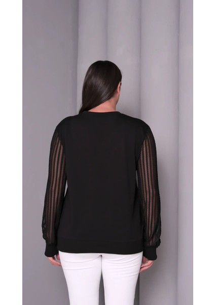 Kadın Büyük Beden Şerit Detaylı Transparan Kollu Viskon Sweatshirt