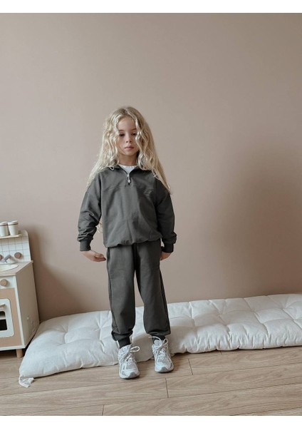 Kız Çocuk Half Zip Femuarlı Sweatshirt Kışlık Eşofman Takım
