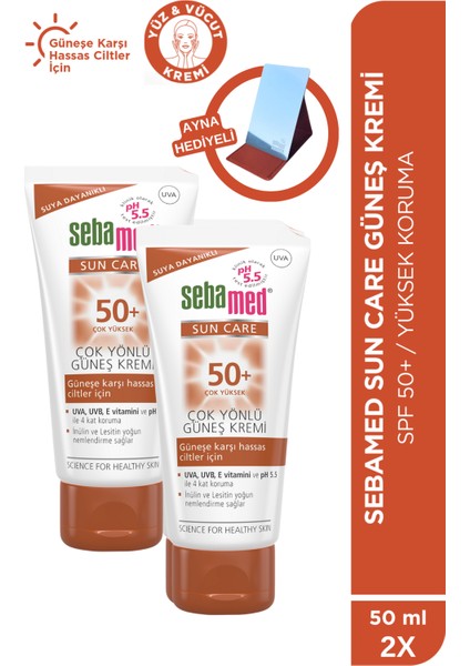 Sun Care Spf 50+Üçlü Yüksek Koruma Güneş Kremi 50ML x 2 Adet – Ayna Hediyeli Set