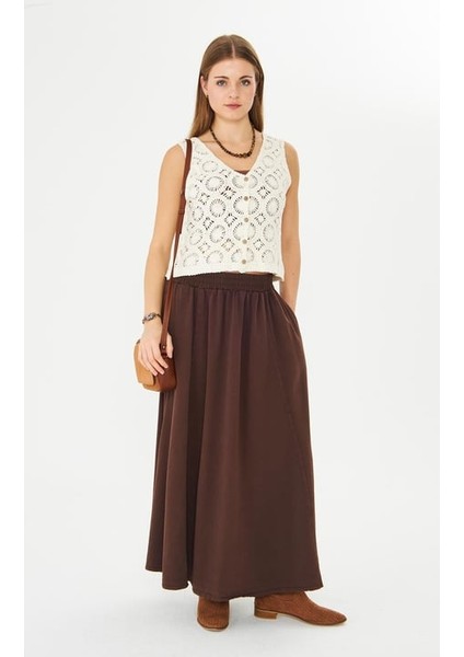 V Yaka Düğmeli Kroşe Yelek Ekru