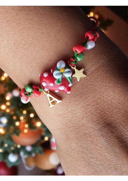 Yılbaşı Figürlü Kalp Murano, Altın Kaplama Yıldız ve Harf Detaylı Bileklik