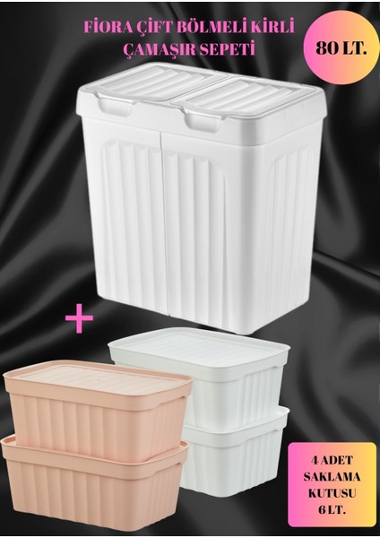 80 Lt.çift Bölmeli Kirli Çamaşır Sepeti + 4 Adet Saklama Kutusu