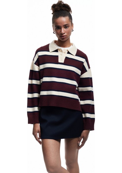 Polo Yaka Çizgili Triko Kazak