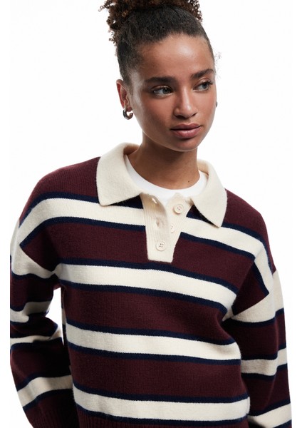 Polo Yaka Çizgili Triko Kazak fiyatları