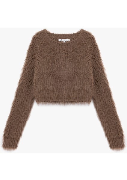 Bisiklet Yaka Uzun Kollu Peluş Crop Kazak