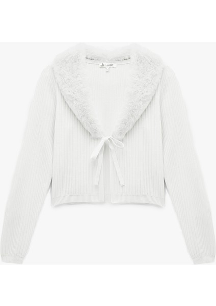 Suni Kürklü Yaka Fiyonklu Bağlama Detaylı Slim Fit Crop Triko Hırka modelleri