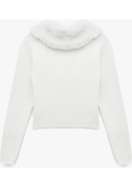 Suni Kürklü Yaka Fiyonklu Bağlama Detaylı Slim Fit Crop Triko Hırka fırsatları