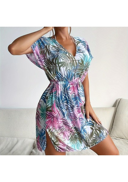 Tcherchı Tropikal Desenli Batwing Kol Örtülü Plaj Elbisesi (Yurt Dışından)