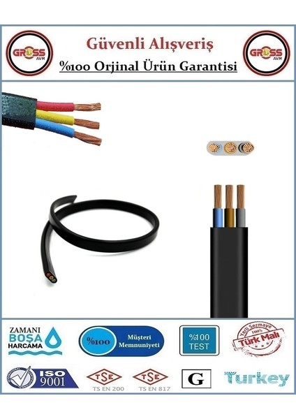 3x1.5 Ttr Yassı Çarkıt Siyah Elektrik Kablosu - 5 Metre