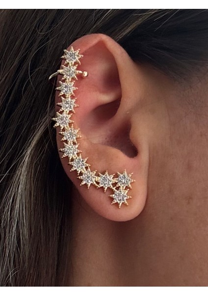 Zirkon Taşlı Sıralı Yıldız Küpe Earcuff (Kıkırdak Küpesi)