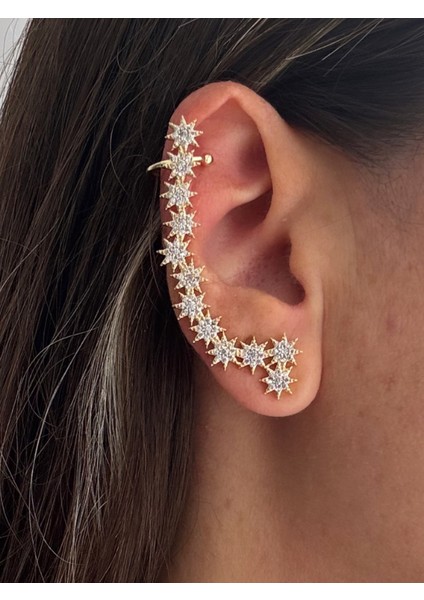 Zirkon Taşlı Sıralı Yıldız Küpe Earcuff (Kıkırdak Küpesi) modelleri