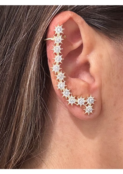 Zirkon Taşlı Sıralı Yıldız Küpe Earcuff (Kıkırdak Küpesi)