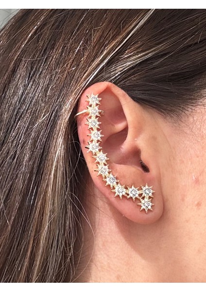 Zirkon Taşlı Sıralı Yıldız Küpe Earcuff (Kıkırdak Küpesi)