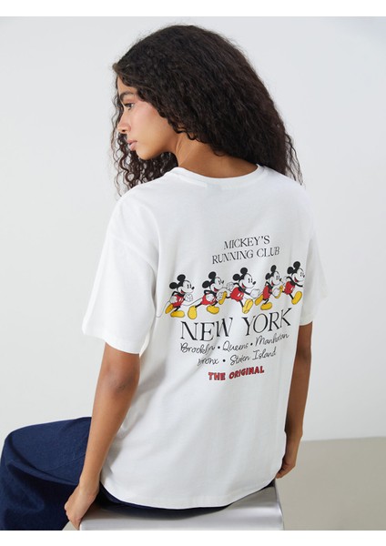 Yeni Sezon Bisiklet Yaka Mickey Mouse Baskılı Kadın Tişört