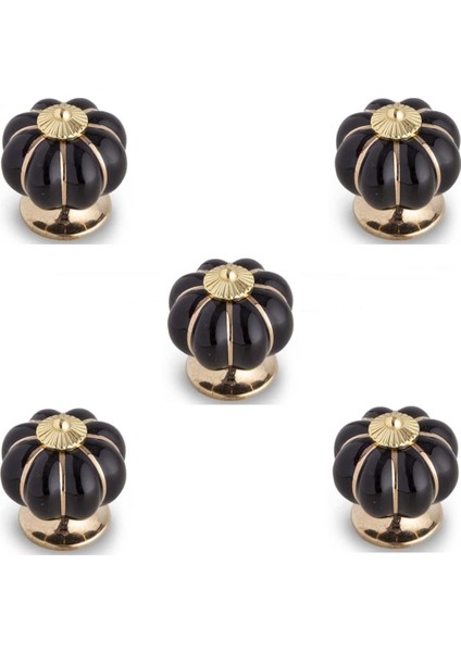 5 Adet Tomurcuk Porselen Düğme Siyah - Altın Tek Mobilya Kulp