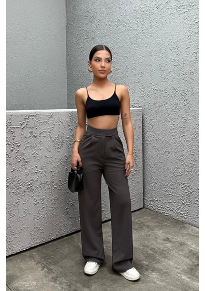 Kadın Likralı Cırt Kapama Geniş Paça Palazzo Pantolon