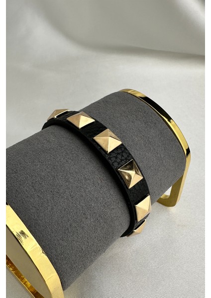Sarı Metal Zımba Detay Deri Bileklik (24CM) indirimleri