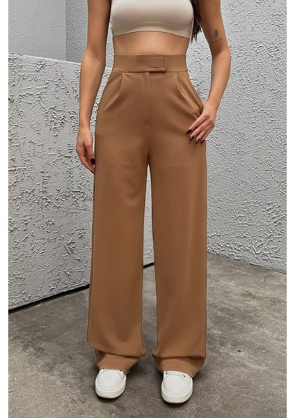 Kadın Likralı Cırt Kapama Geniş Paça Palazzo Pantolon