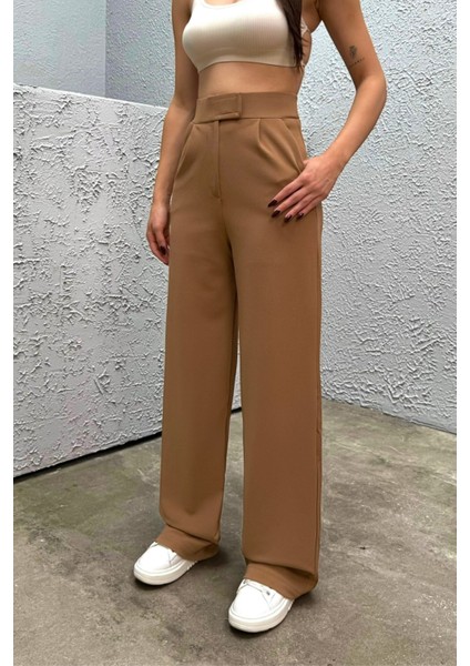 Kadın Likralı Cırt Kapama Geniş Paça Palazzo Pantolon