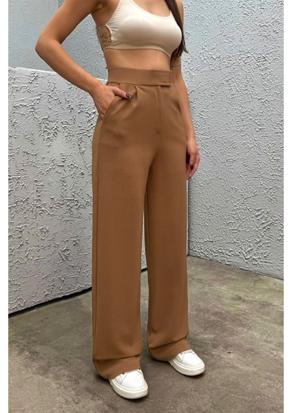 Kadın Likralı Cırt Kapama Geniş Paça Palazzo Pantolon