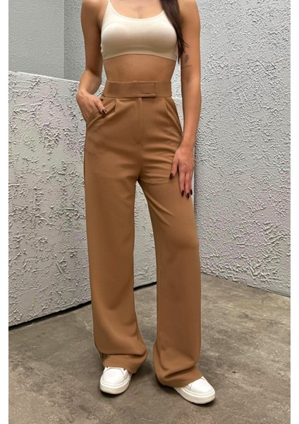 Kadın Likralı Cırt Kapama Geniş Paça Palazzo Pantolon