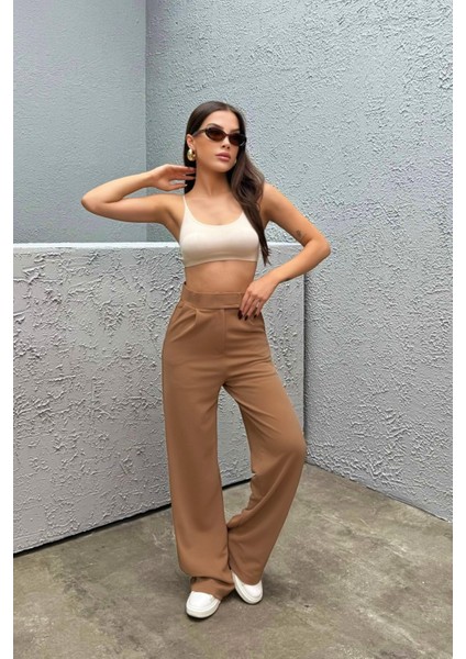 Kadın Likralı Cırt Kapama Geniş Paça Palazzo Pantolon