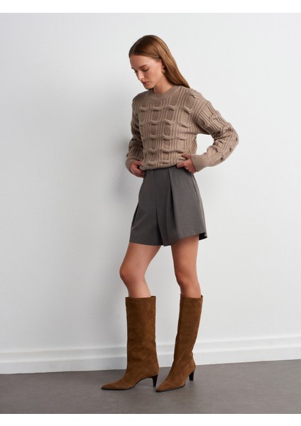 10825 Kabartma Detaylı Triko Kazak-Koyu Vizon