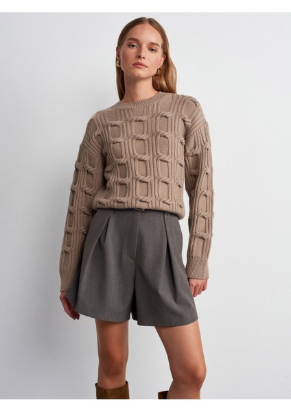 10825 Kabartma Detaylı Triko Kazak-Koyu Vizon indirimleri