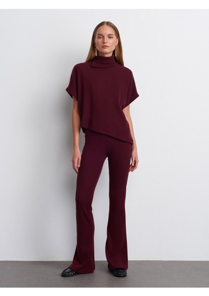 71910 Yüksek Bel Örme Pantolon-Bordo