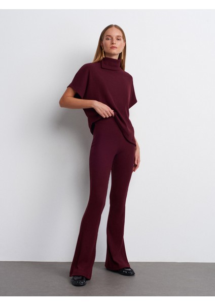 71910 Yüksek Bel Örme Pantolon-Bordo modelleri