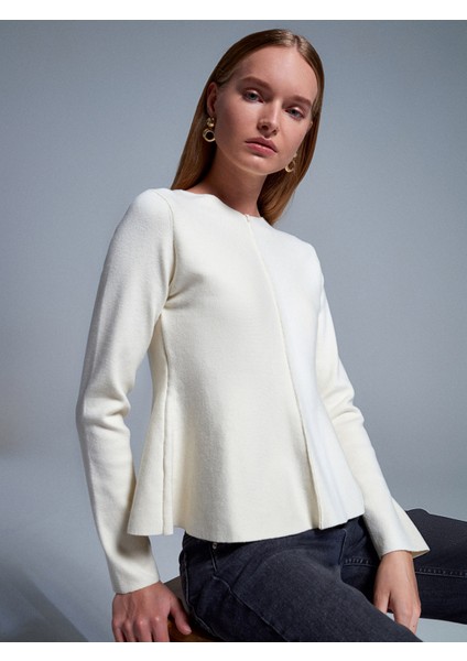 10824 Bisiklet Yaka Peplum Triko Top-Krem