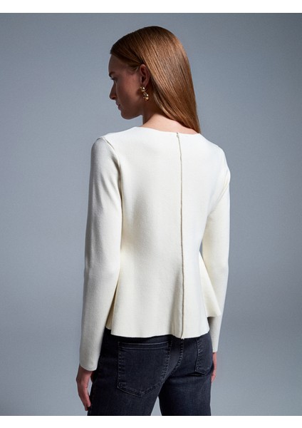 10824 Bisiklet Yaka Peplum Triko Top-Krem fiyatları