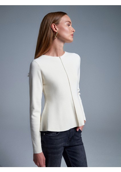 10824 Bisiklet Yaka Peplum Triko Top-Krem modelleri