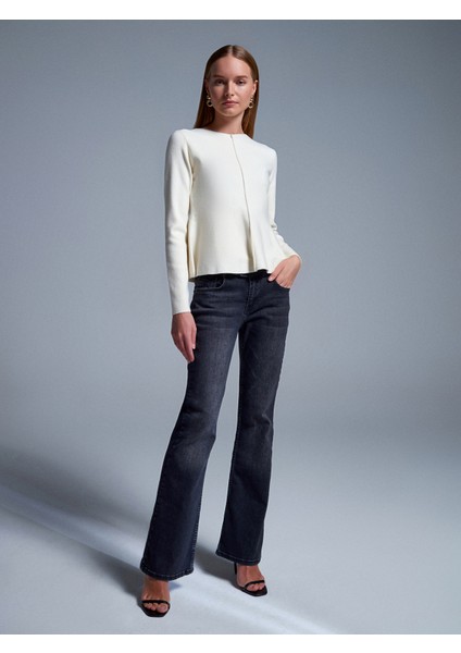 10824 Bisiklet Yaka Peplum Triko Top-Krem indirimleri