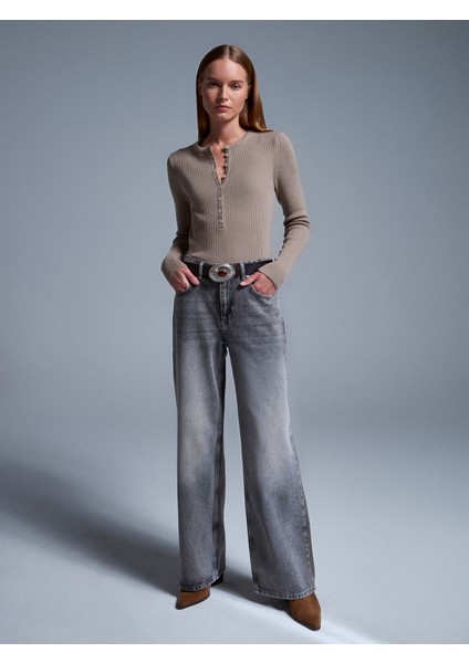 72056 %100 Pamuk Yüksek Bel Wide Leg Jean-Antrasit