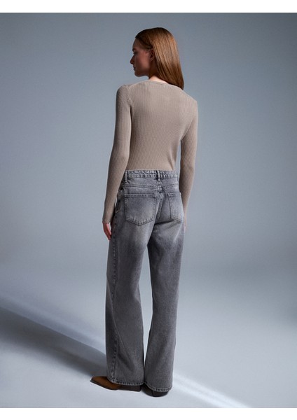 72056 %100 Pamuk Yüksek Bel Wide Leg Jean-Antrasit fiyatları