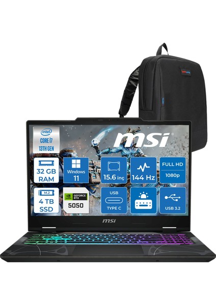 Msı Cyborg 15 Intel Core I7 13620H 32GB Ddr5 4tb SSD RTX5050 Gddr7 8gb Windows 11 Pro 15.6" Fullhd (1920X1080) 144HZ IPS Taşınabilir Bilgisayar B13WEKG613XTRP15 + Zetta Çanta