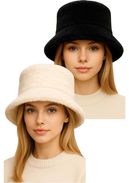 Kadın Ayarlanabilir Peluş Bucket Kova Şapka 2'li Set