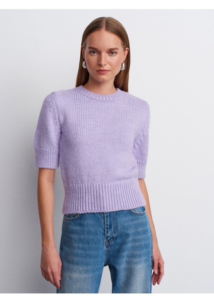 10821 Bisiklet Yaka Kısa Kollu Triko Kazak-Lila