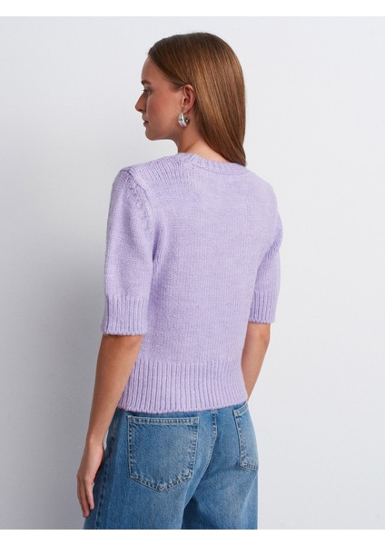 10821 Bisiklet Yaka Kısa Kollu Triko Kazak-Lila fiyatları