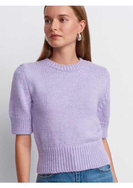 10821 Bisiklet Yaka Kısa Kollu Triko Kazak-Lila modelleri