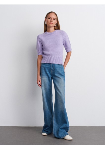 10821 Bisiklet Yaka Kısa Kollu Triko Kazak-Lila indirimleri