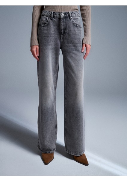72056 %100 Pamuk Yüksek Bel Wide Leg Jean-Antrasit indirimleri